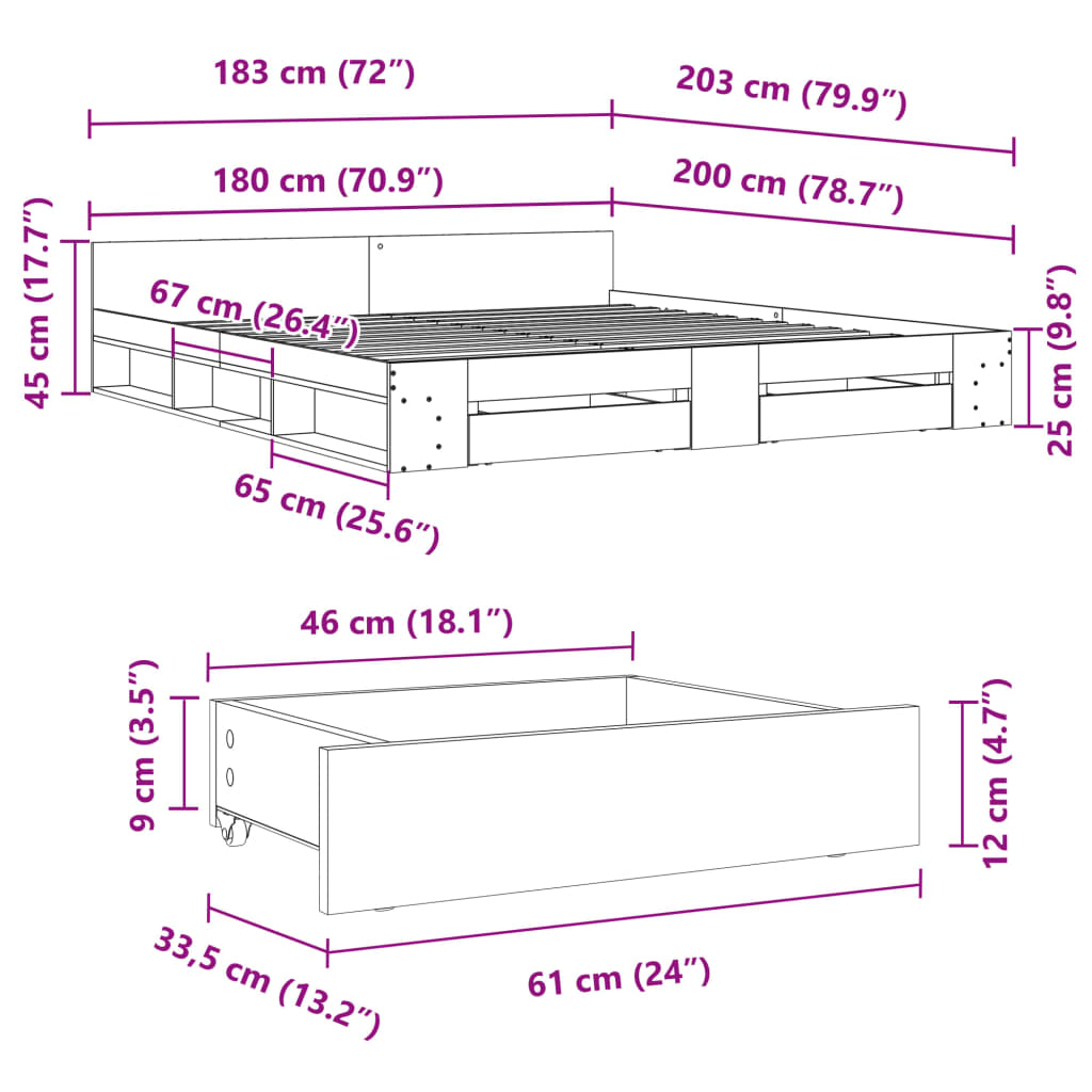 sengeramme med skuffer 180x200 cm konstrueret træ betongrå