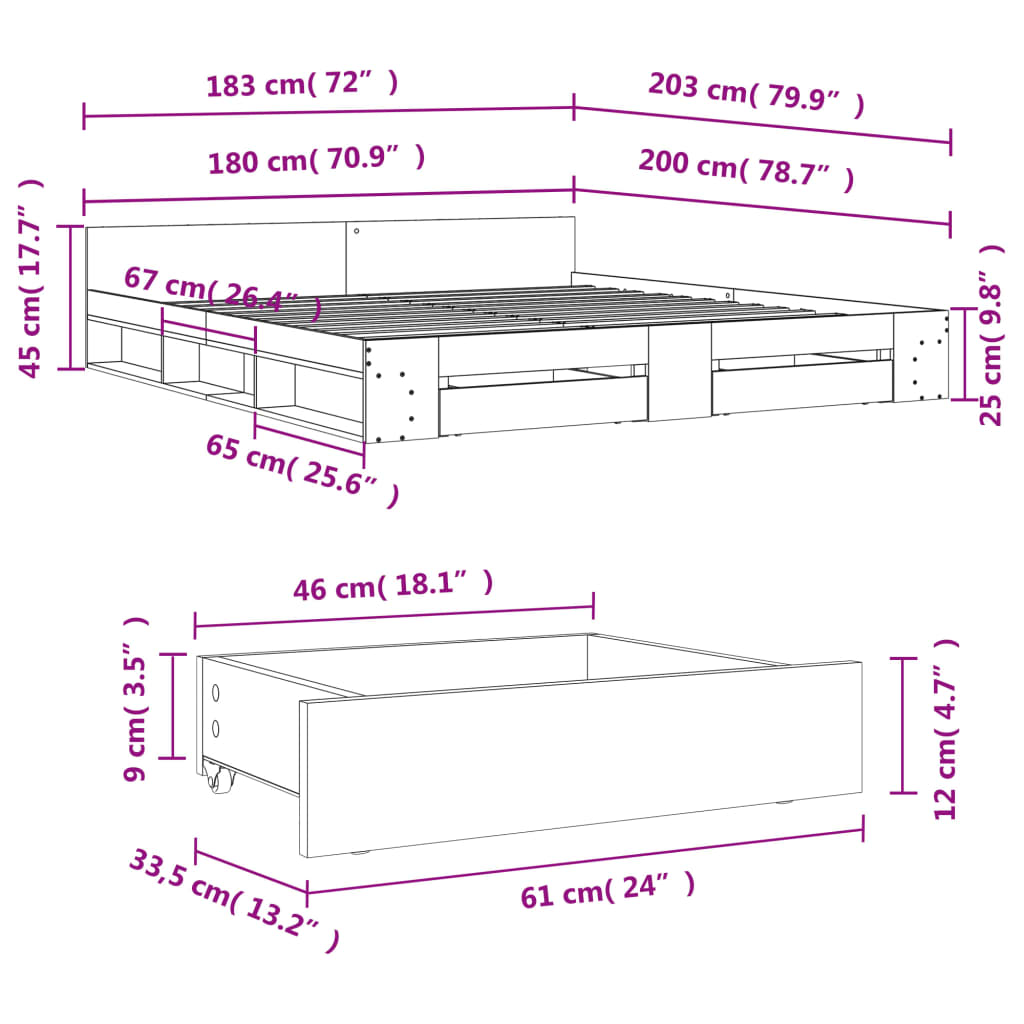sengeramme med skuffer 180x200 cm konstrueret træ grå sonoma-eg