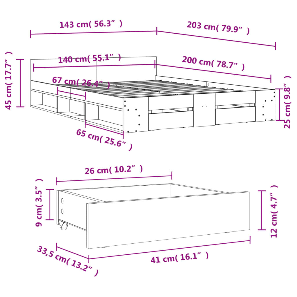 sengeramme med skuffer 140x200 cm konstrueret træ betongrå