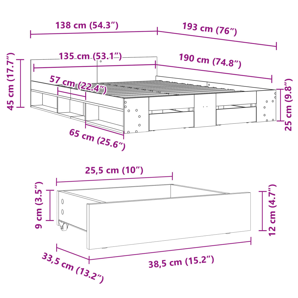 sengeramme med skuffer 135x190 cm konstrueret træ hvid højglans
