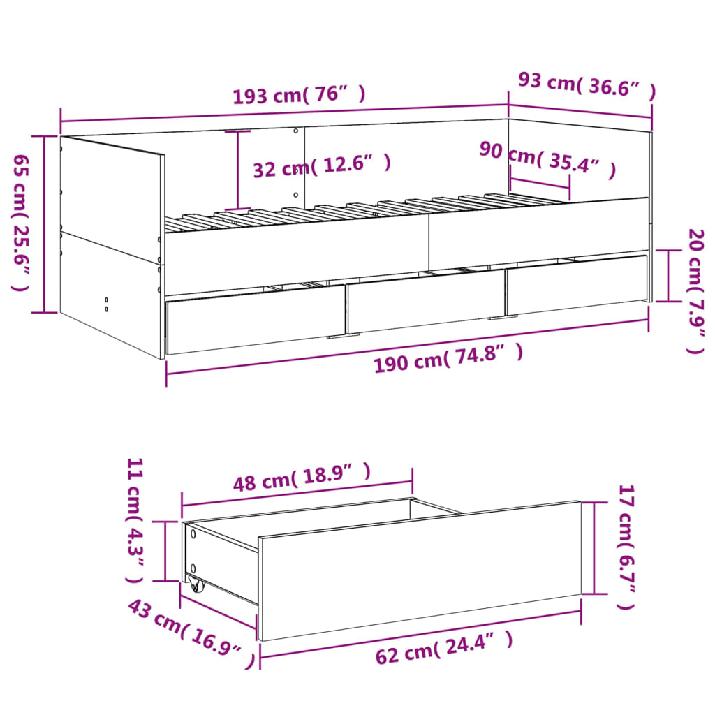 daybed med skuffer uden madras 90x190 cm sonoma-eg