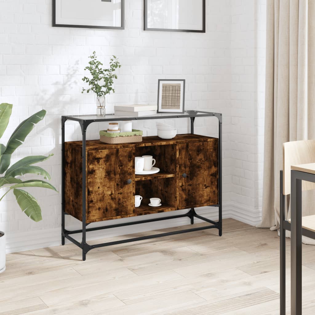 skænk med glastop 98x35x81cm konstrueret træ røget egetræsfarve