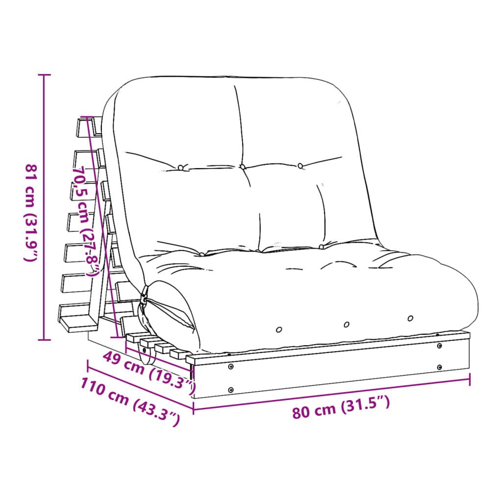 futon med madras 80x206x11 cm massivt fyrretræ