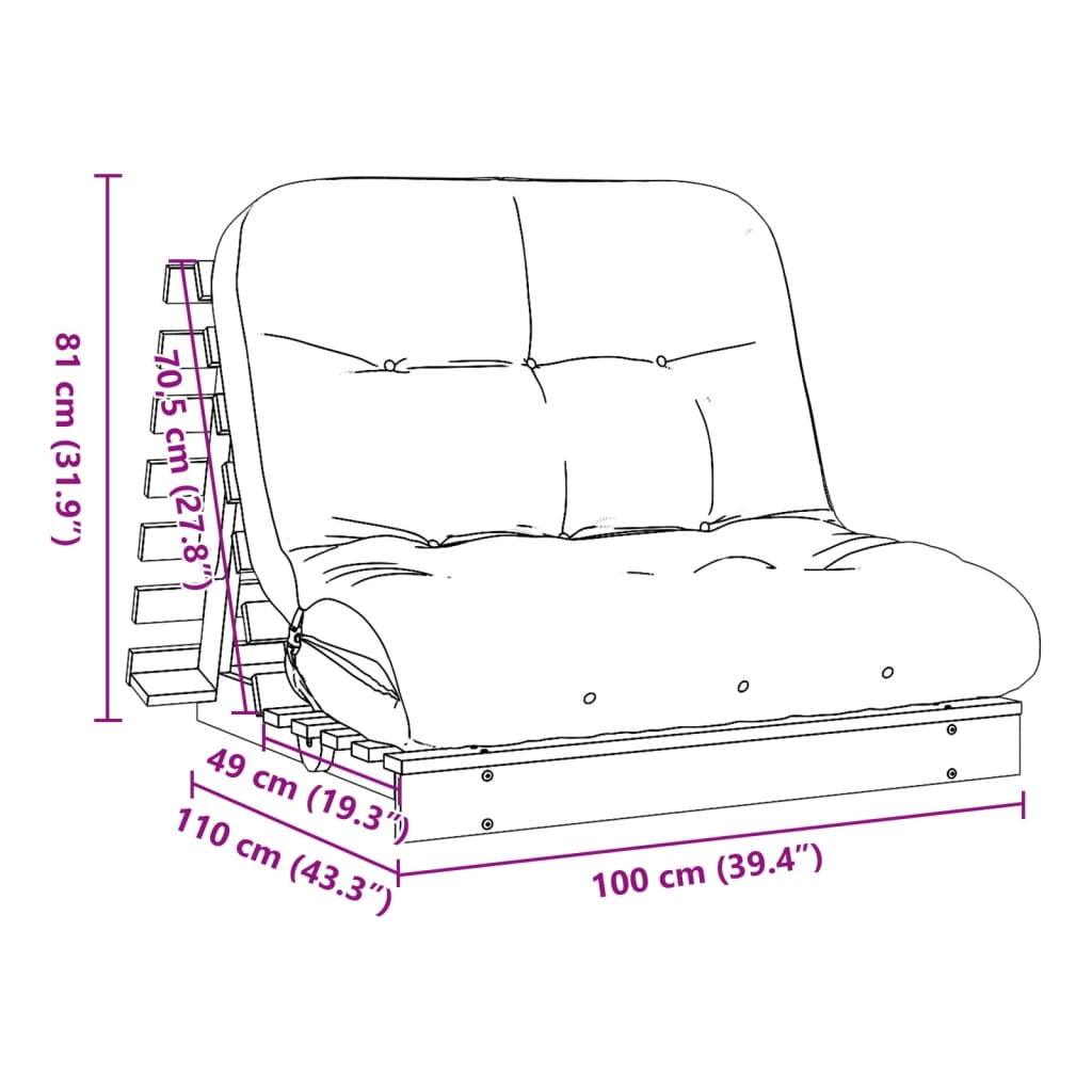futon med madras 100x206x11 cm massivt fyrretræ