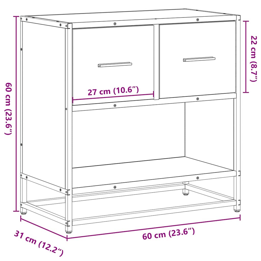 sengeskab brun egetræsfarve 60x31x60 cm konstrueret træ metal