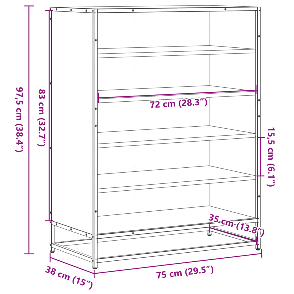 skoskab 75x38x97,5 cm konstrueret træ og metal grå sonoma-eg
