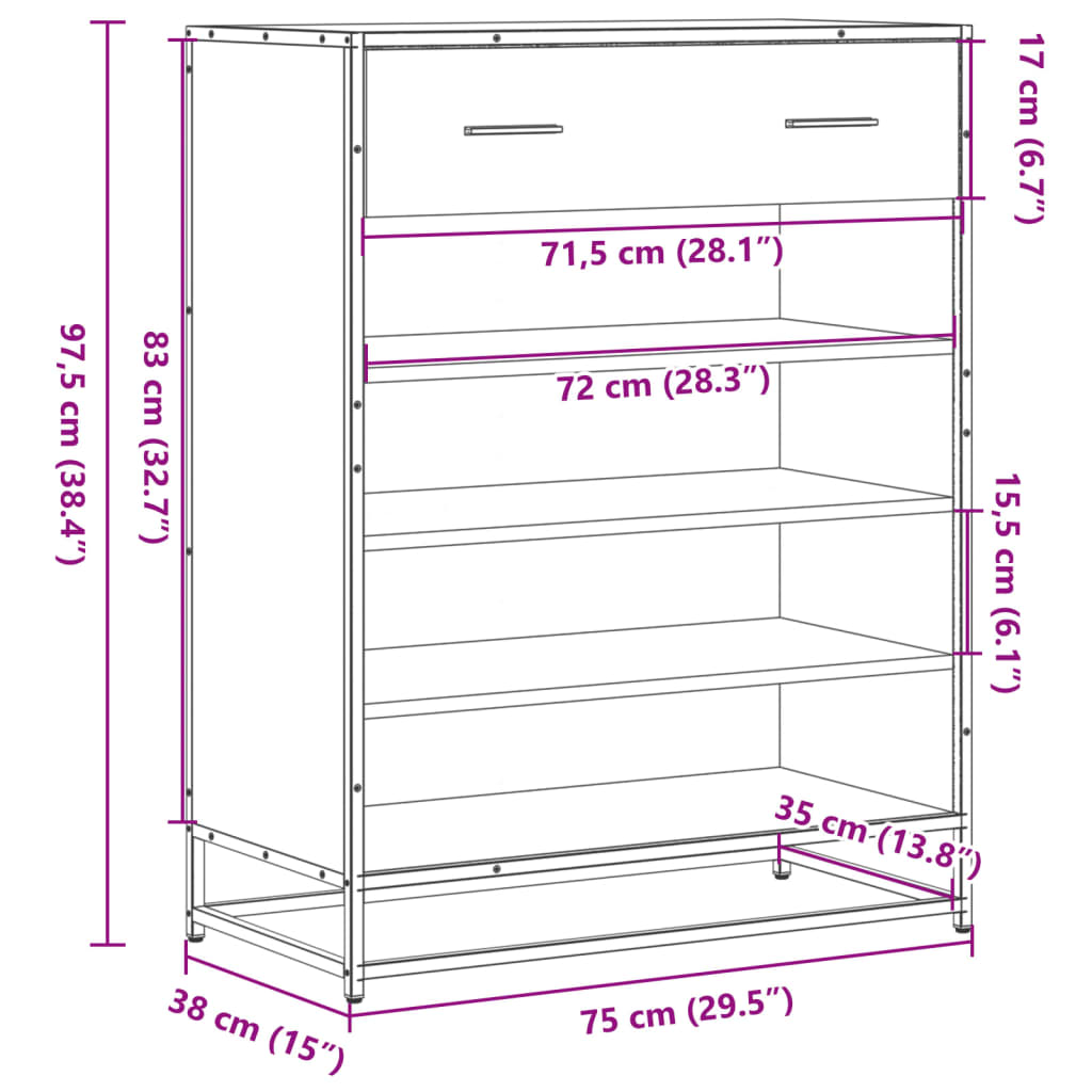 skoskab 75x38x97,5 cm konstrueret træ og metal røget egetræ