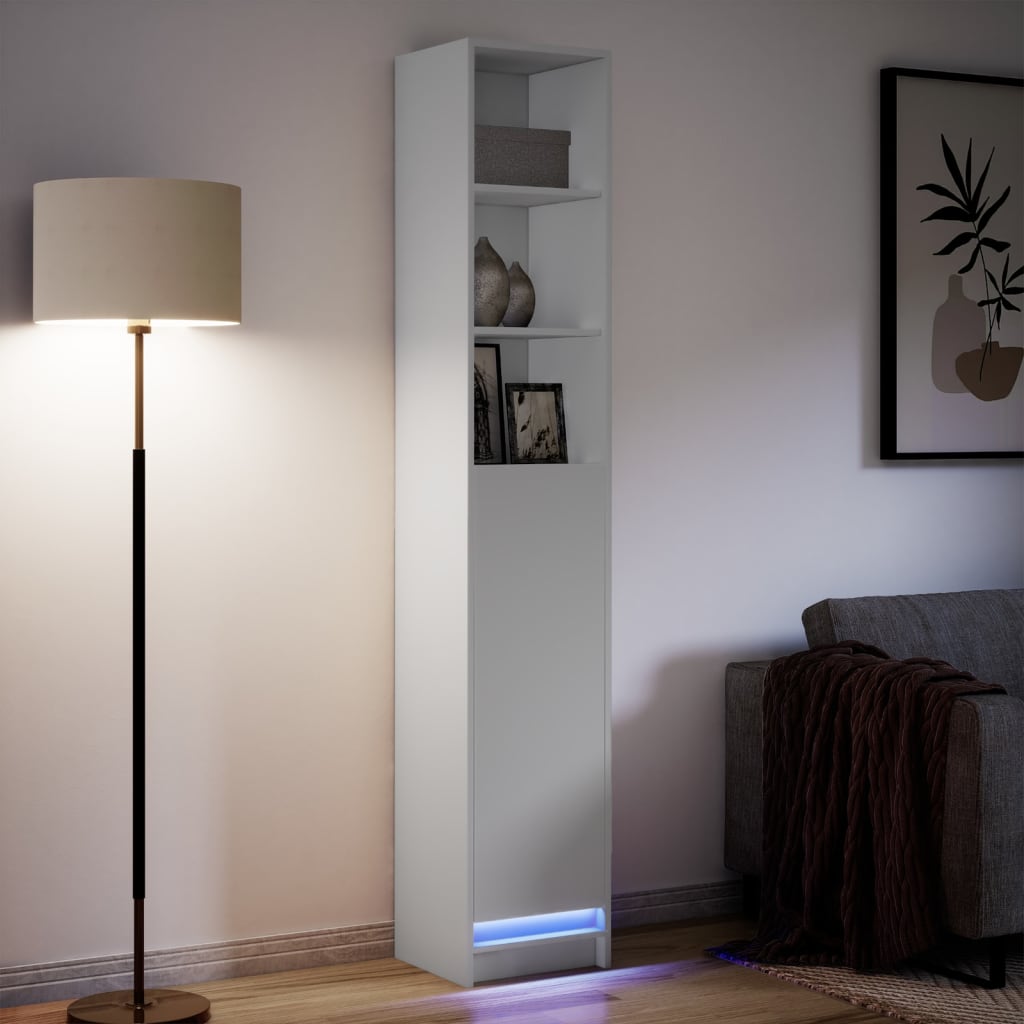 reol med LED-lys 36x32,5x200 cm konstrueret træ hvid