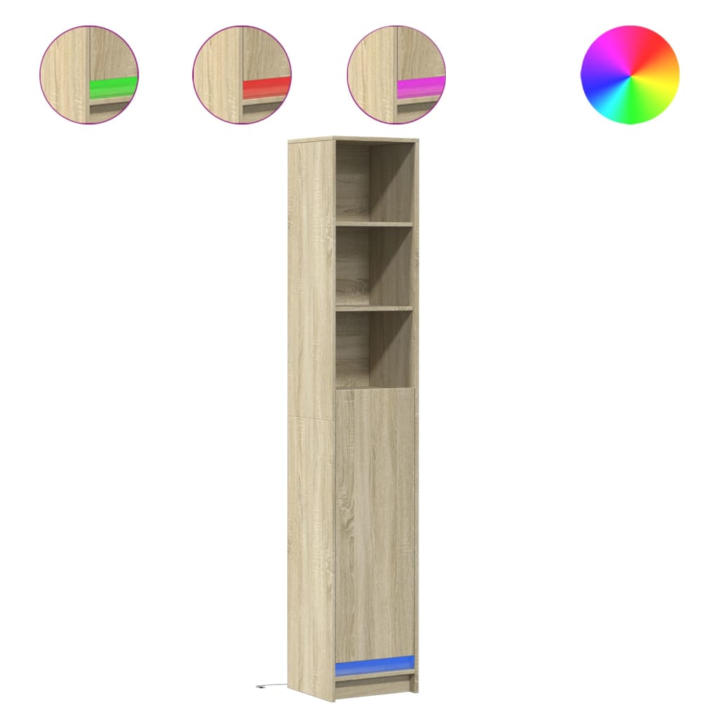 skab med LED-lys 36x32,5x200 cm konstrueret træ røget eg