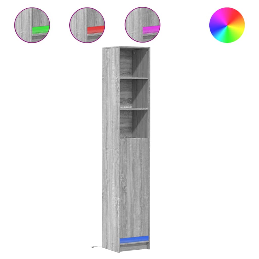skab med LED 36x32,5x200 cm konstrueret træ grå sonoma-eg