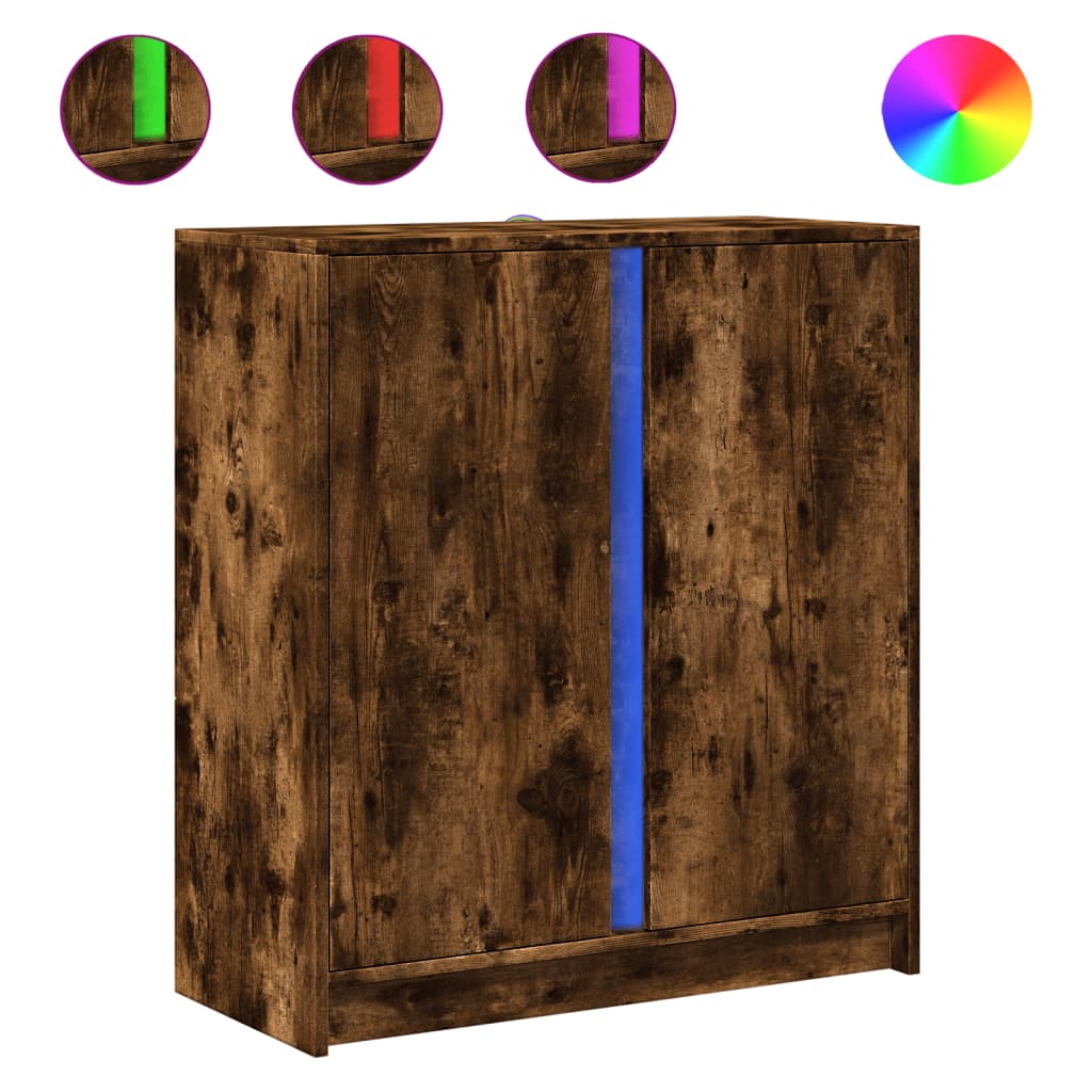 skab med LED-lys 77x34x85 cm konstrueret træ røget egetræsfarve