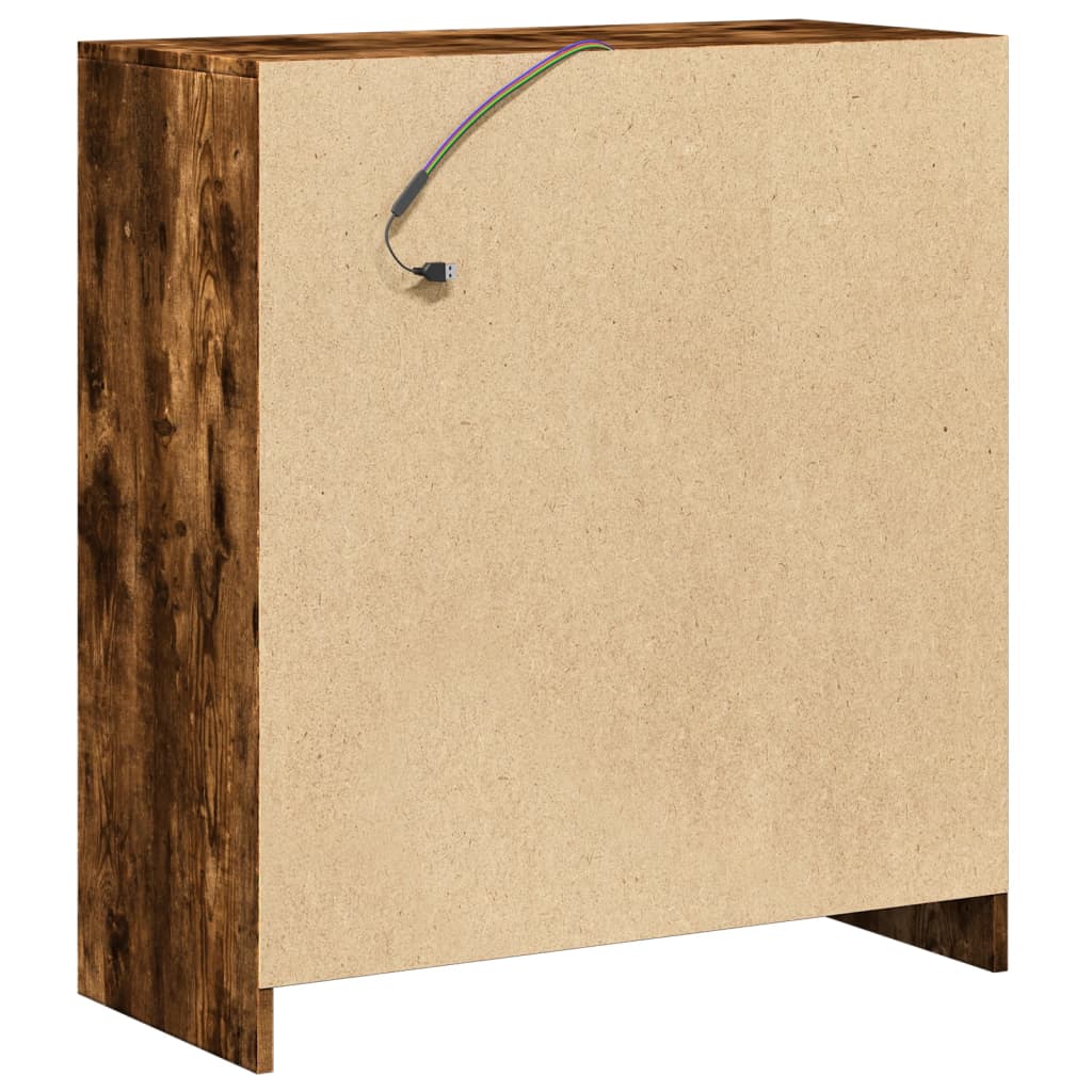 skab med LED-lys 77x34x85 cm konstrueret træ røget egetræsfarve