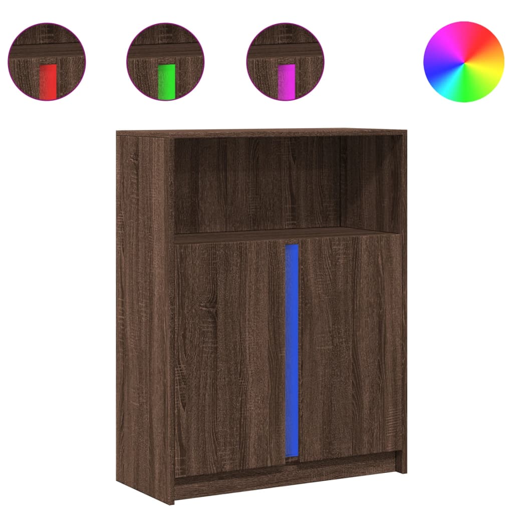 skab med LED-lys 77x34x100 cm konstrueret træ brun egetræ