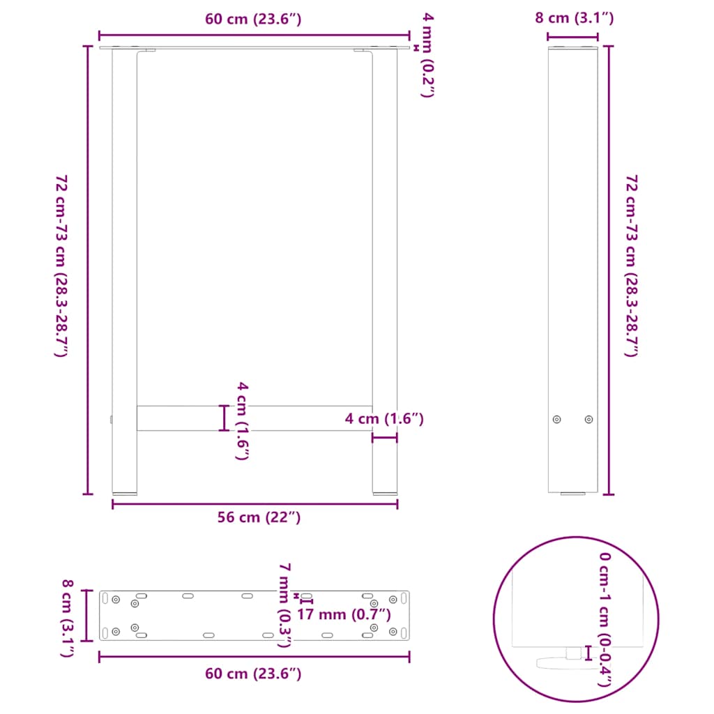 sofabordben naturstål 2 stk. 60x(72-73) cm stål