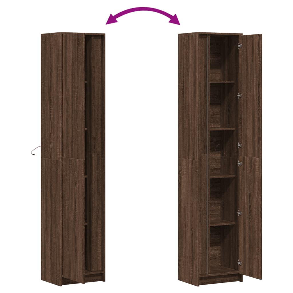 skab med LED-lys 41,5x32,5x200 cm konstrueret træ brunt eg