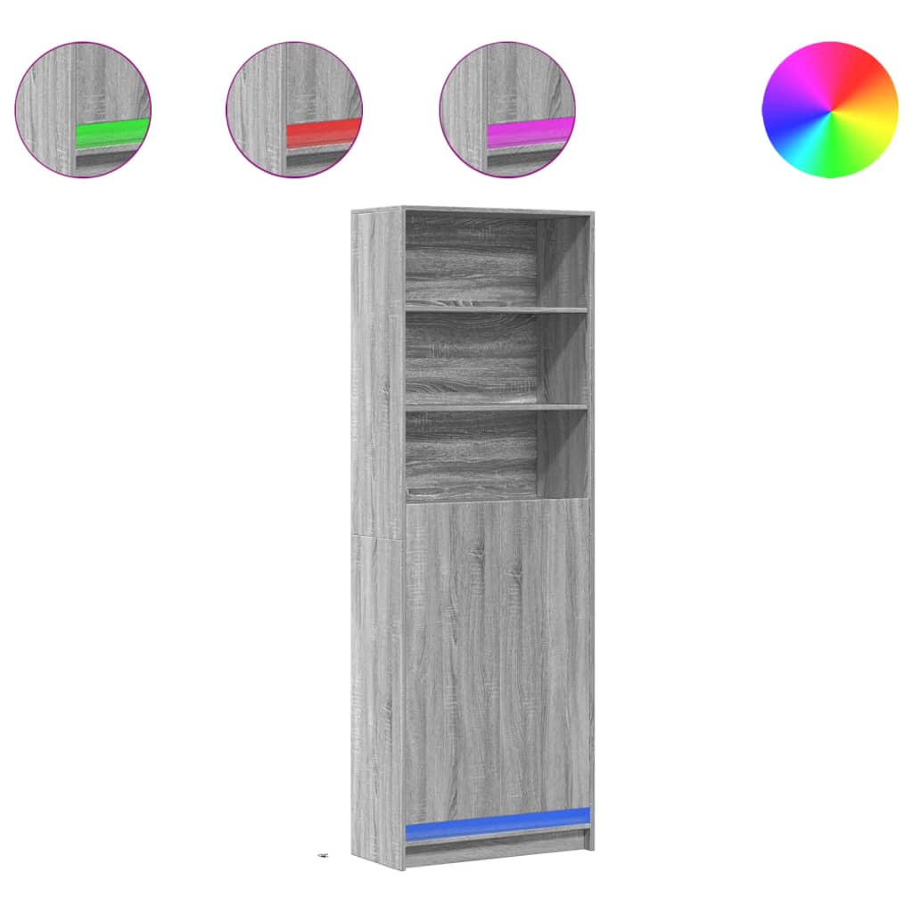 skab med LED-lys 69x32,5x200 cm konstrueret træ grå sonoma-eg