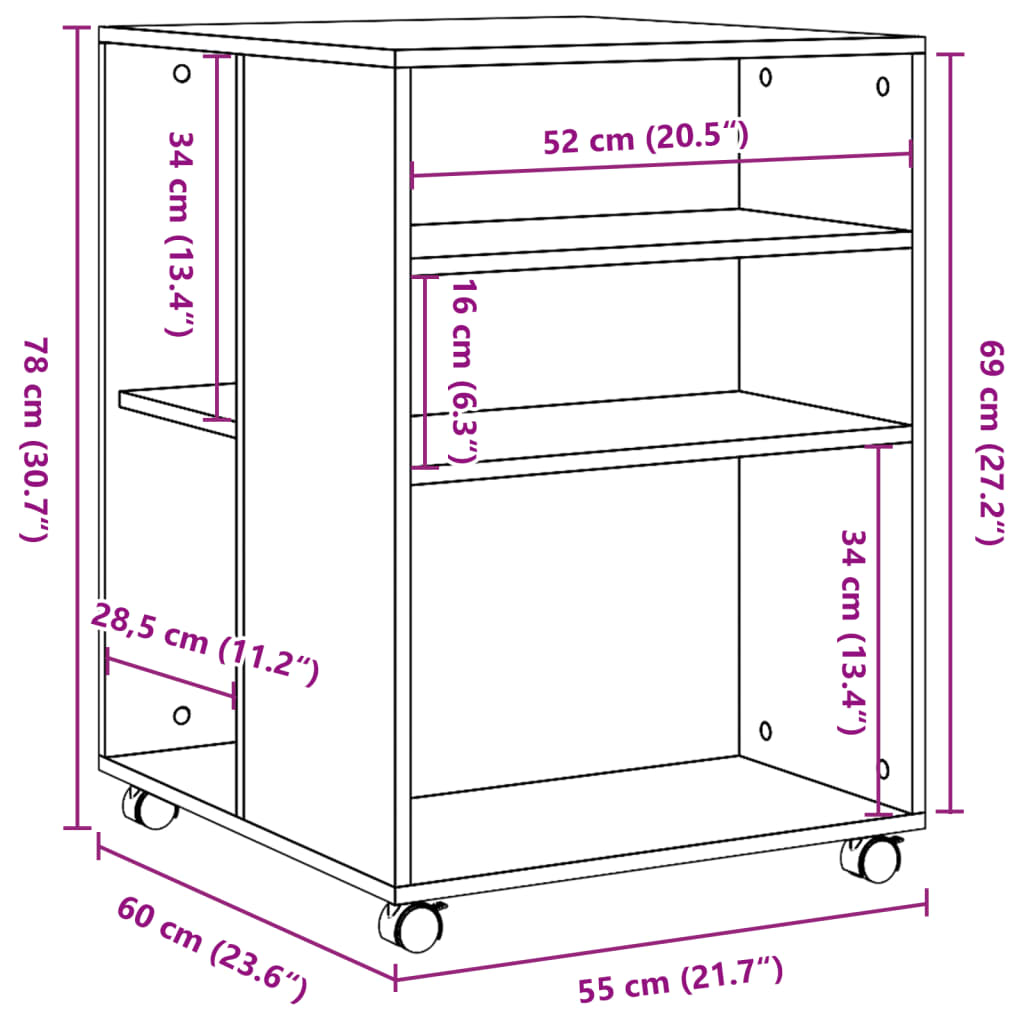 sidebord med hjul 55x60x78 cm konstrueret træ brunt egetræ
