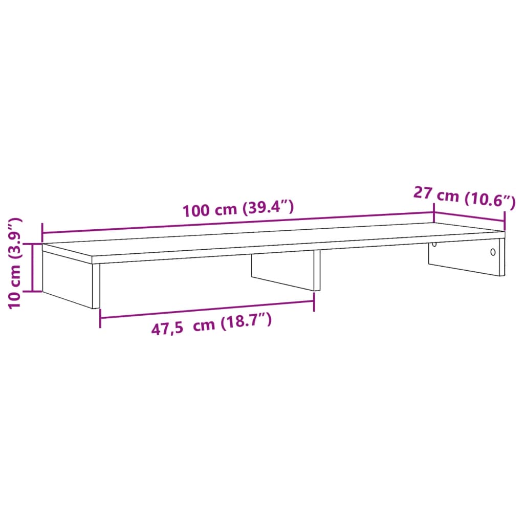 skærmstander 100x27x10 cm konstrueret træ betongrå