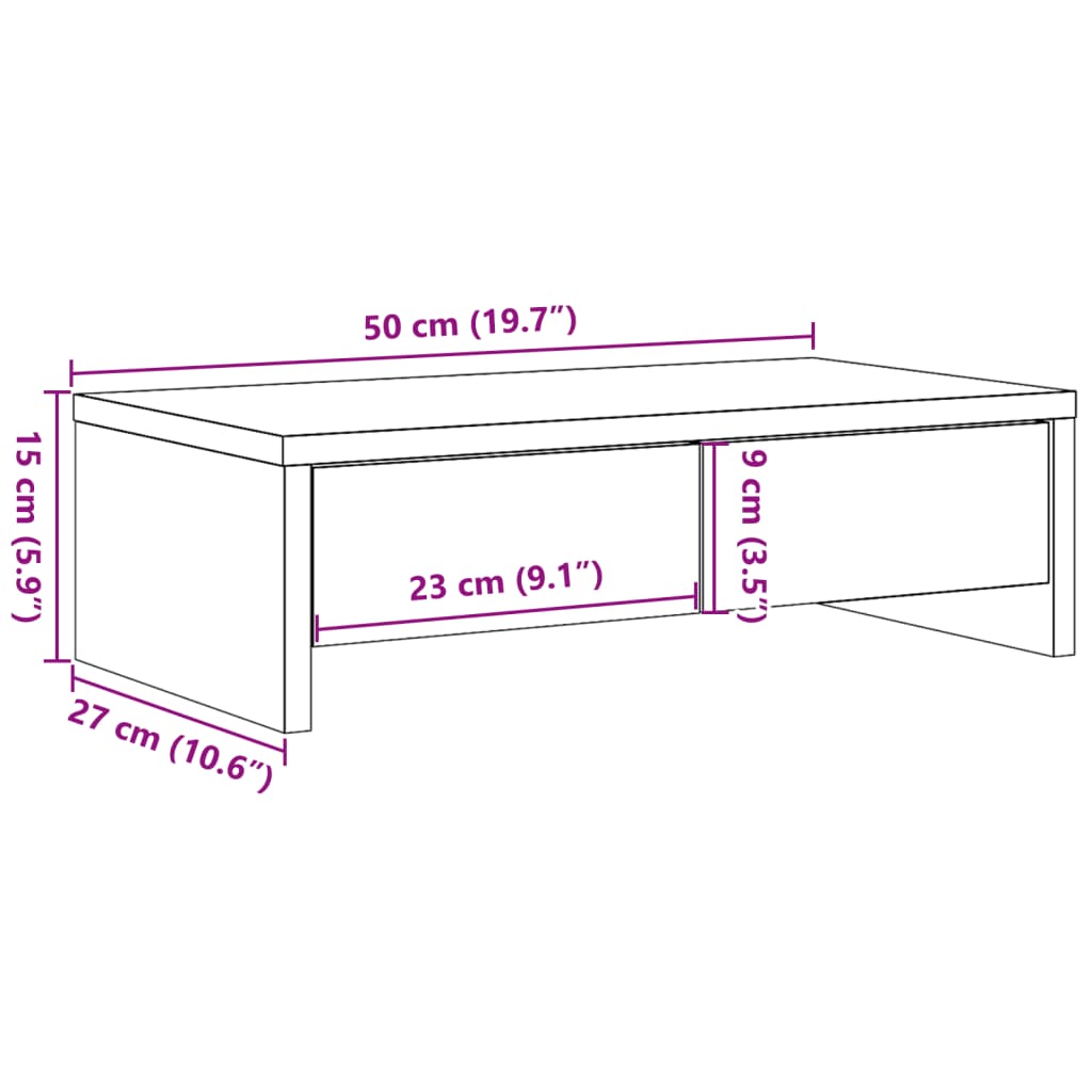 skærmholder med skuffer 50x27x15 cm konstrueret træ betongrå