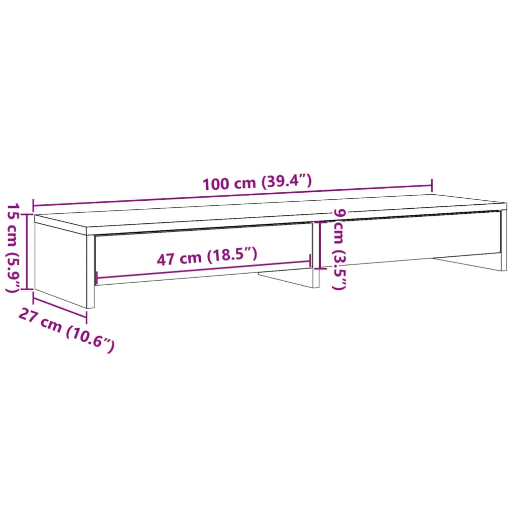 skærmholder med skuffer 100x27x15 cm konstrueret træ betongrå