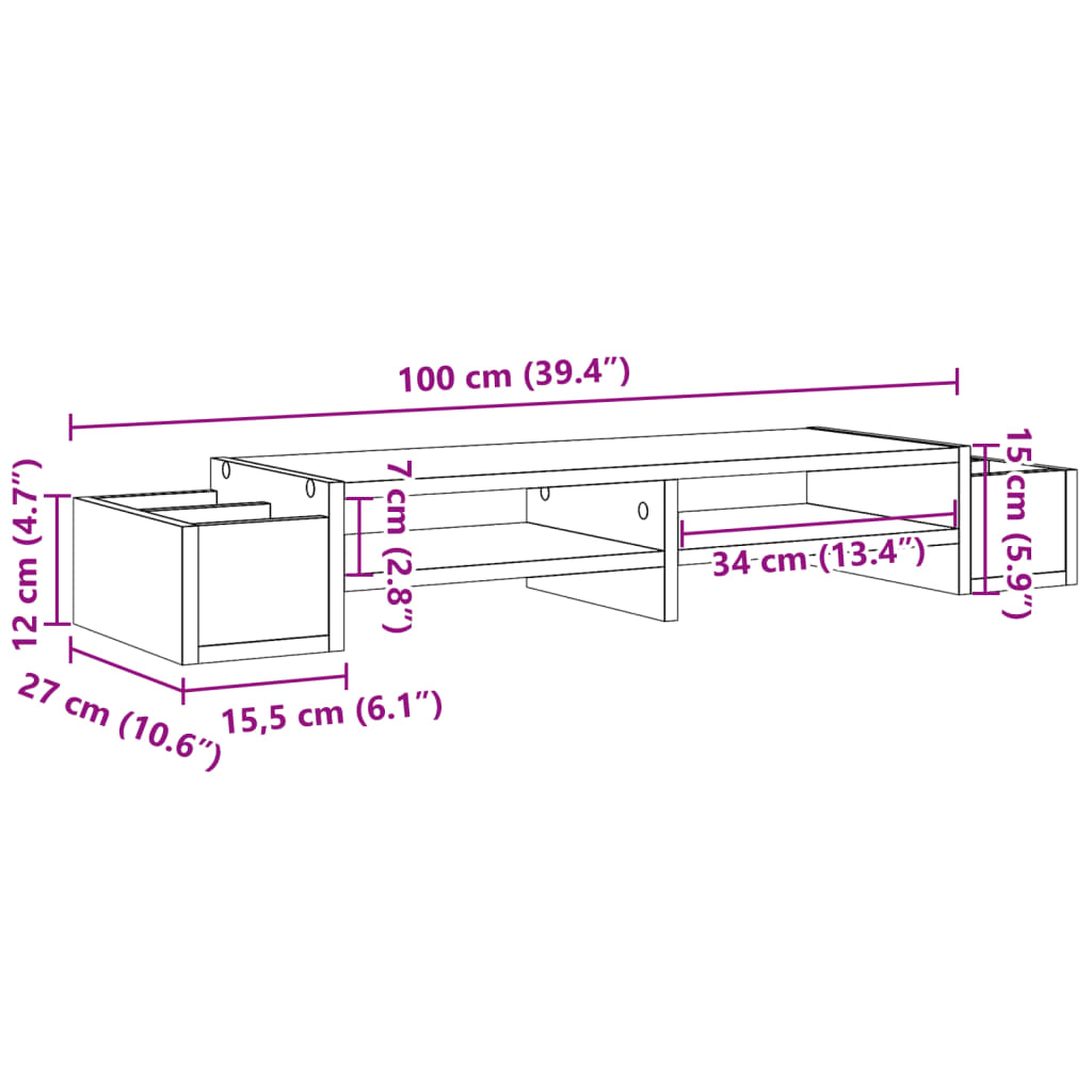 skærmholder med opbevaring 100x27x15cm konstrueret træ røget eg