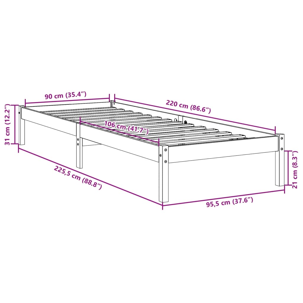 ekstra lang sengeramme uden madras 90x220 cm massivt fyrretræ