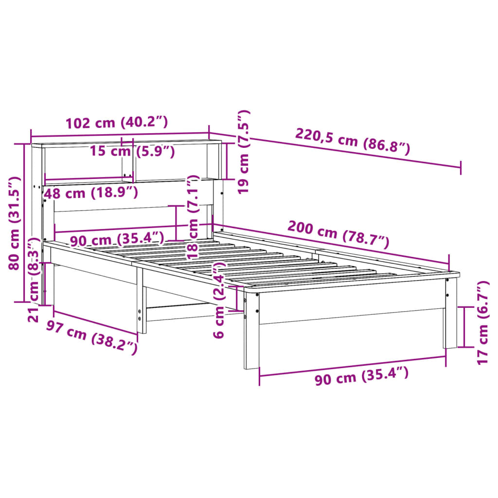 seng med reol uden madras 90x200 cm massivt fyrretræ gyldenbrun