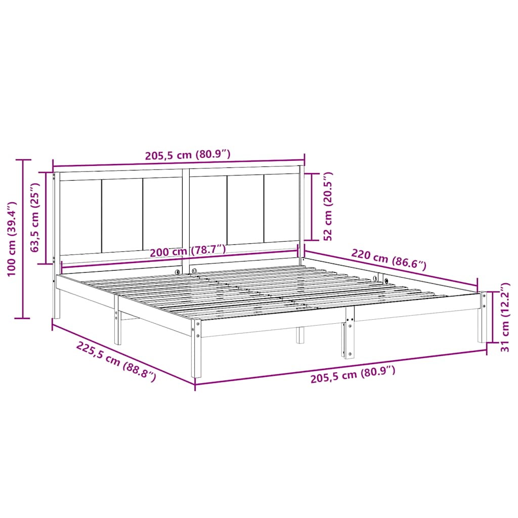 ekstra lang sengeramme uden madras 200x220 cm massivt træ