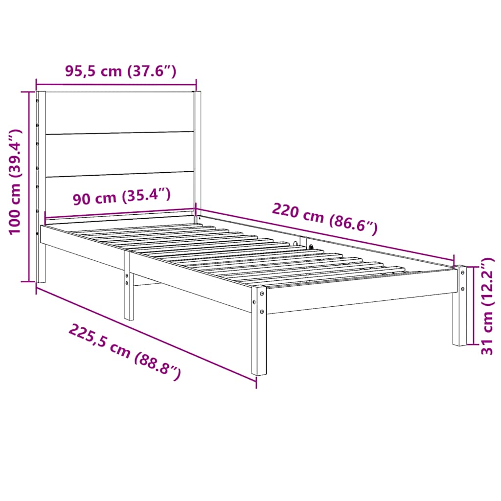 ekstra lang sengeramme uden madras 90x220 cm massivt træ