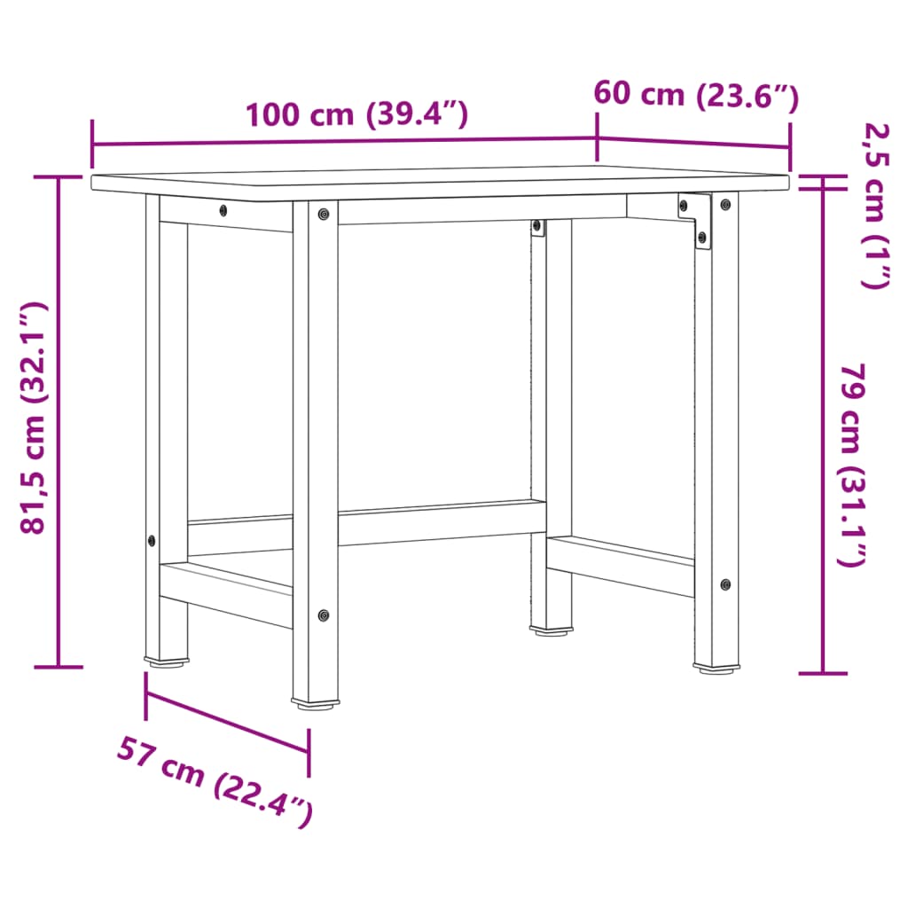 arbejdsbænk 100x60x81,5 cm massivt egetræ rektangulær