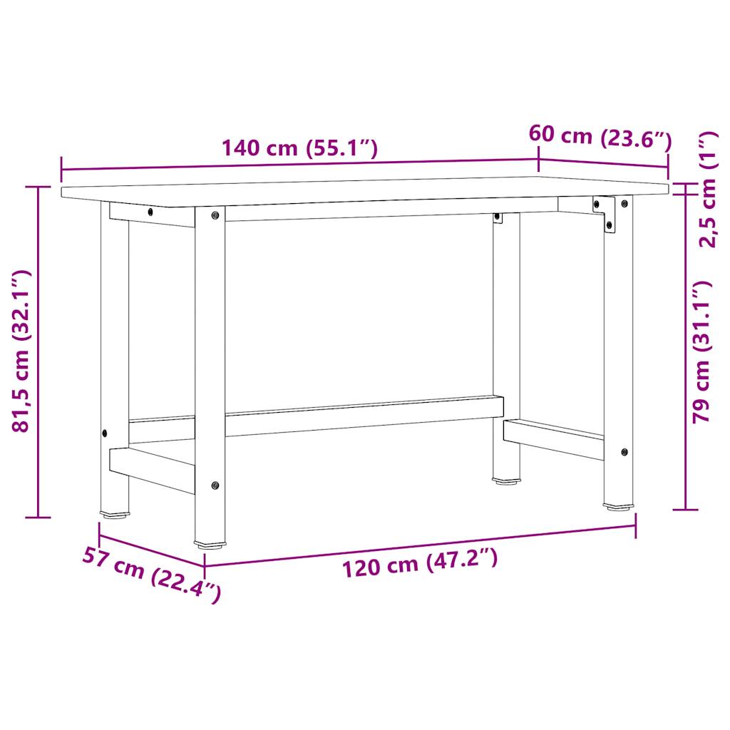 arbejdsbænk 140x60x81,5 cm massivt egetræ