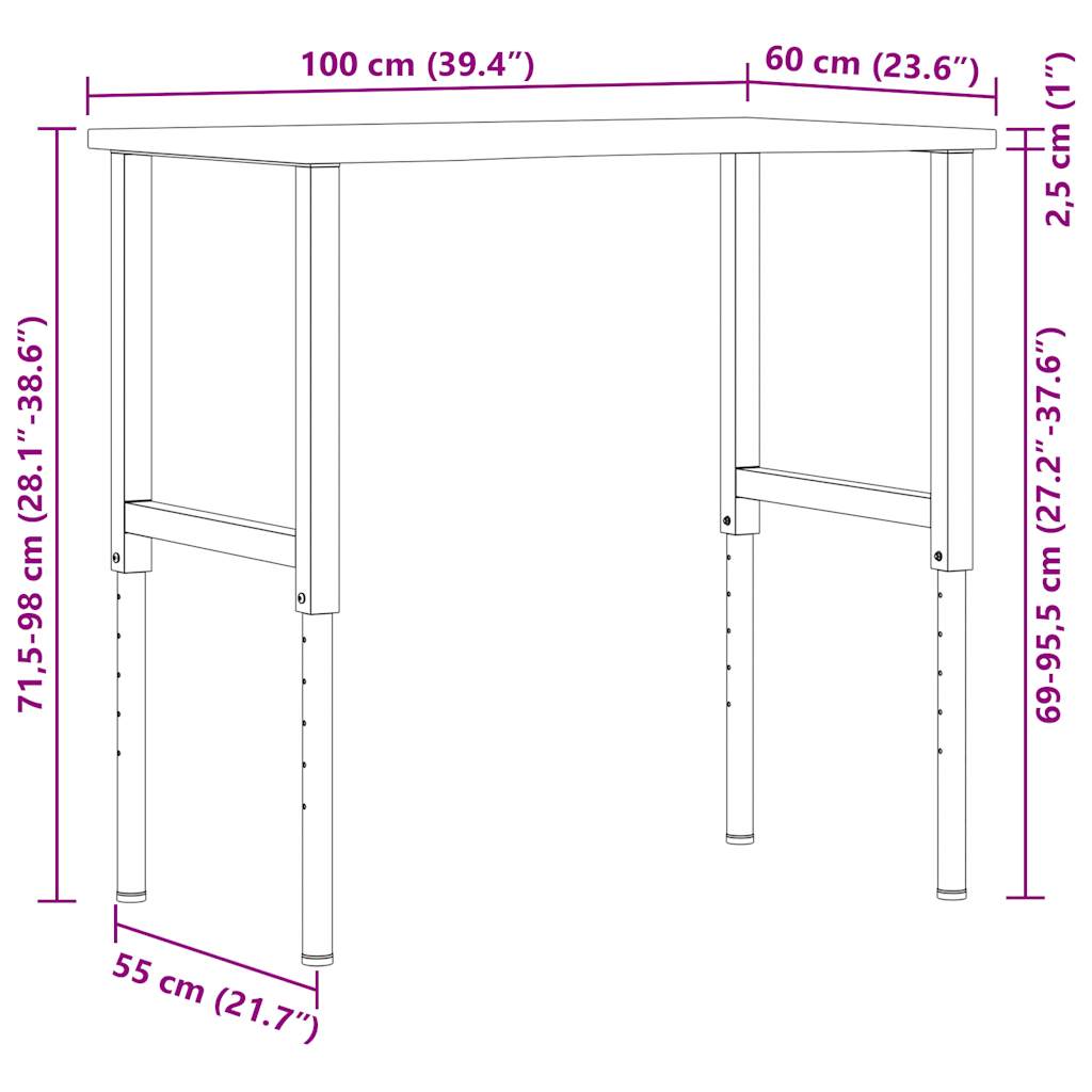 arbejdsbænk 100x60x(71,5-98) cm massivt egetræ