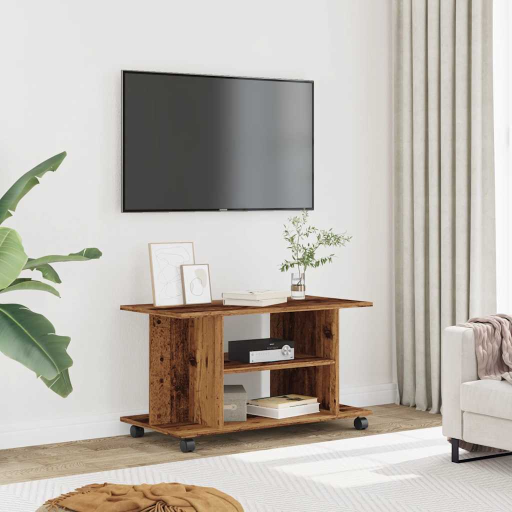 tv-skab med hjul 80x40x45 cm konstrueret træ antikt trælook