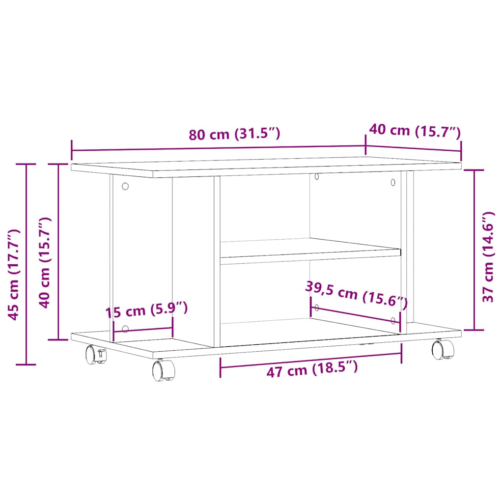 tv-skab med hjul 80x40x45 cm konstrueret træ kunsteg