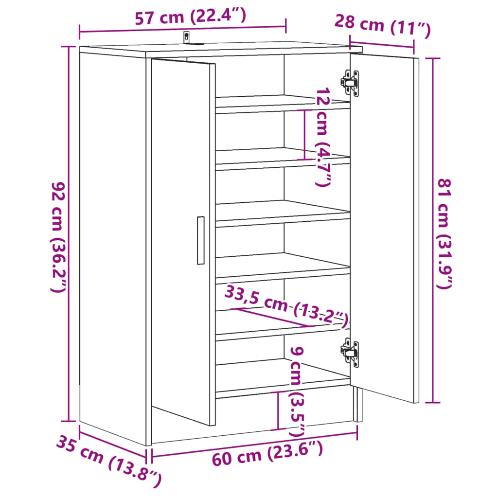 skoskab 60x35x92 cm konstrueret træ antikt eg