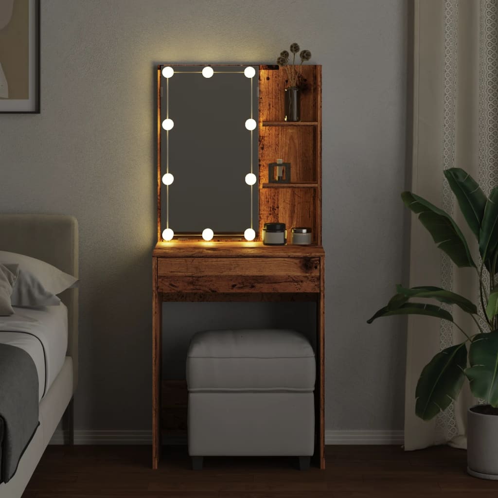 makeupbord med LED-lys 60x40x140 cm antikt trælook