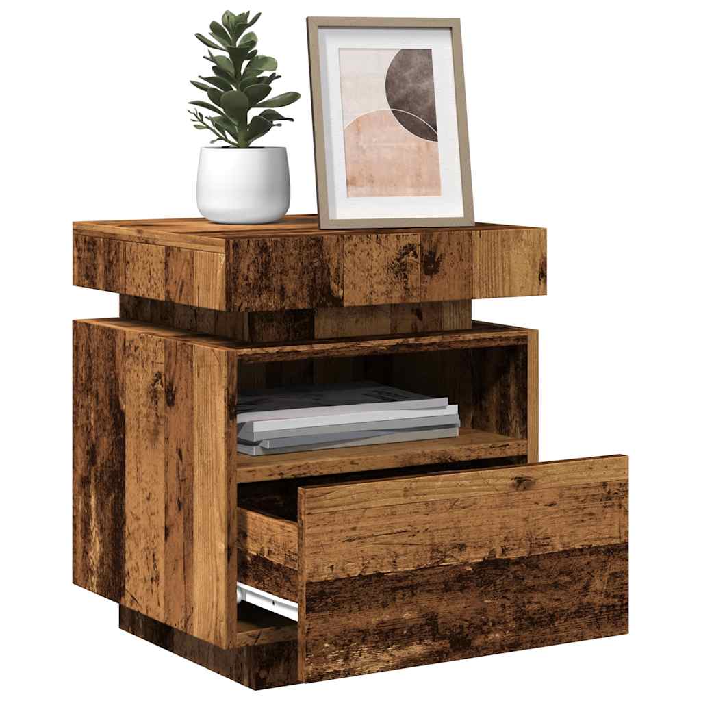 sengebord med LED-lys 40x39x48,5 cm antikt træ - Flotthjem