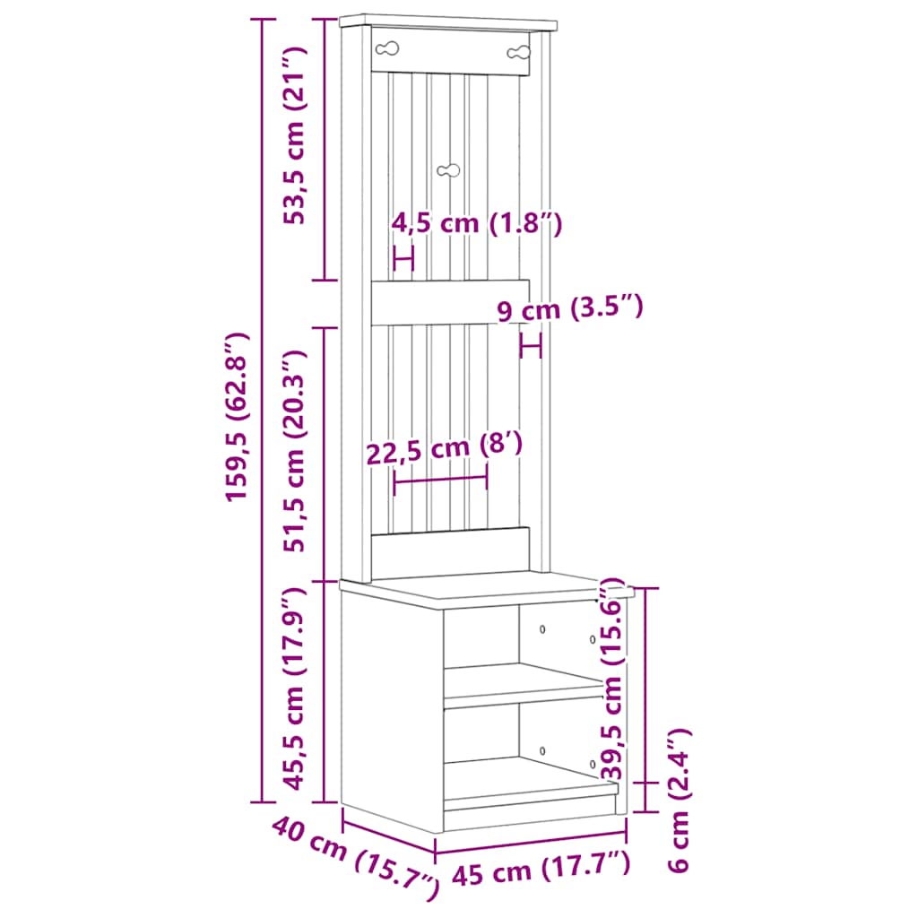 Hall træ SANDENS 45x40x159,5 cm massivt fyrretræ