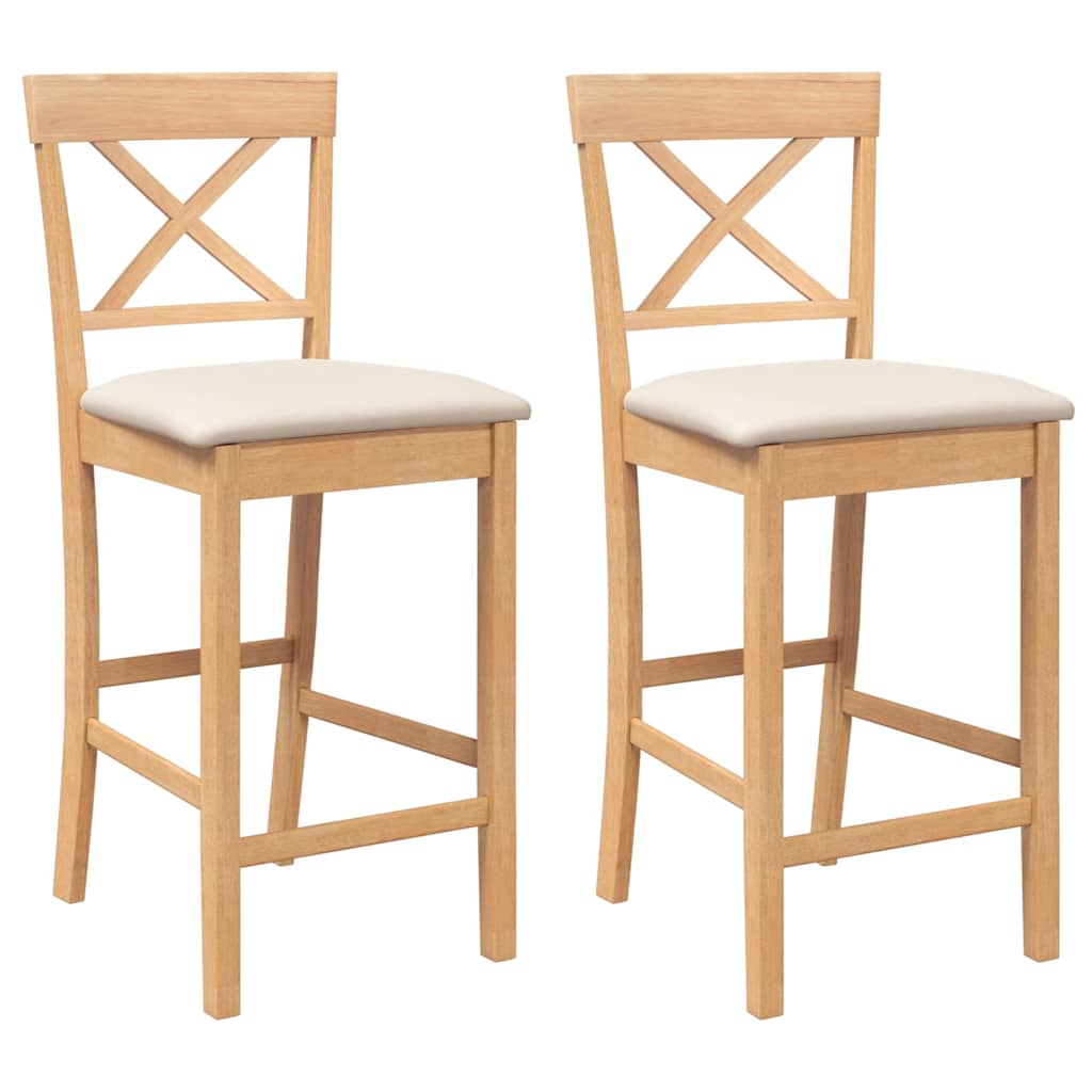 barstole med hynder 2 stk. massivt gummitræ naturfarvet