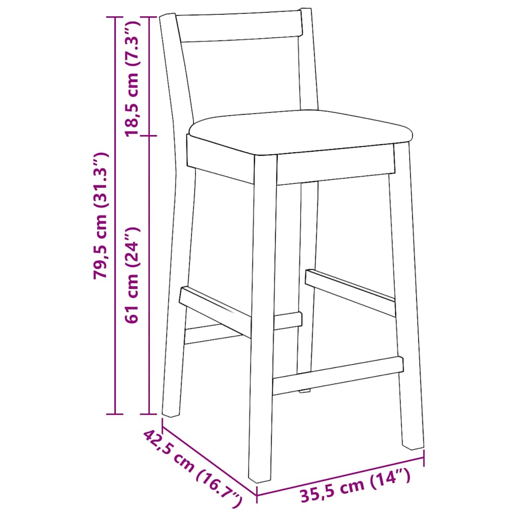 barstole med hynder 2 stk. massivt gummitræ naturfarvet