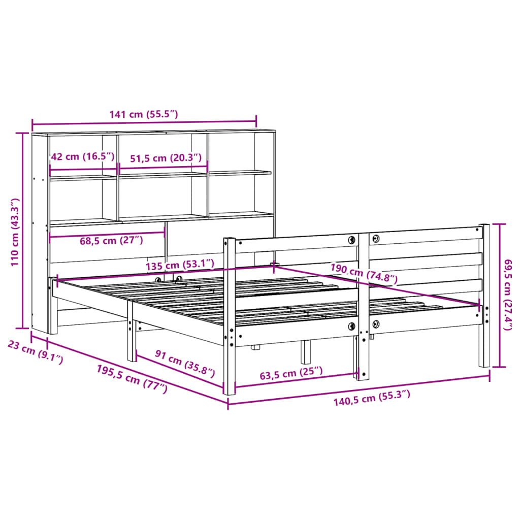 seng med reol uden madras 135x190 cm massivt fyrretræ