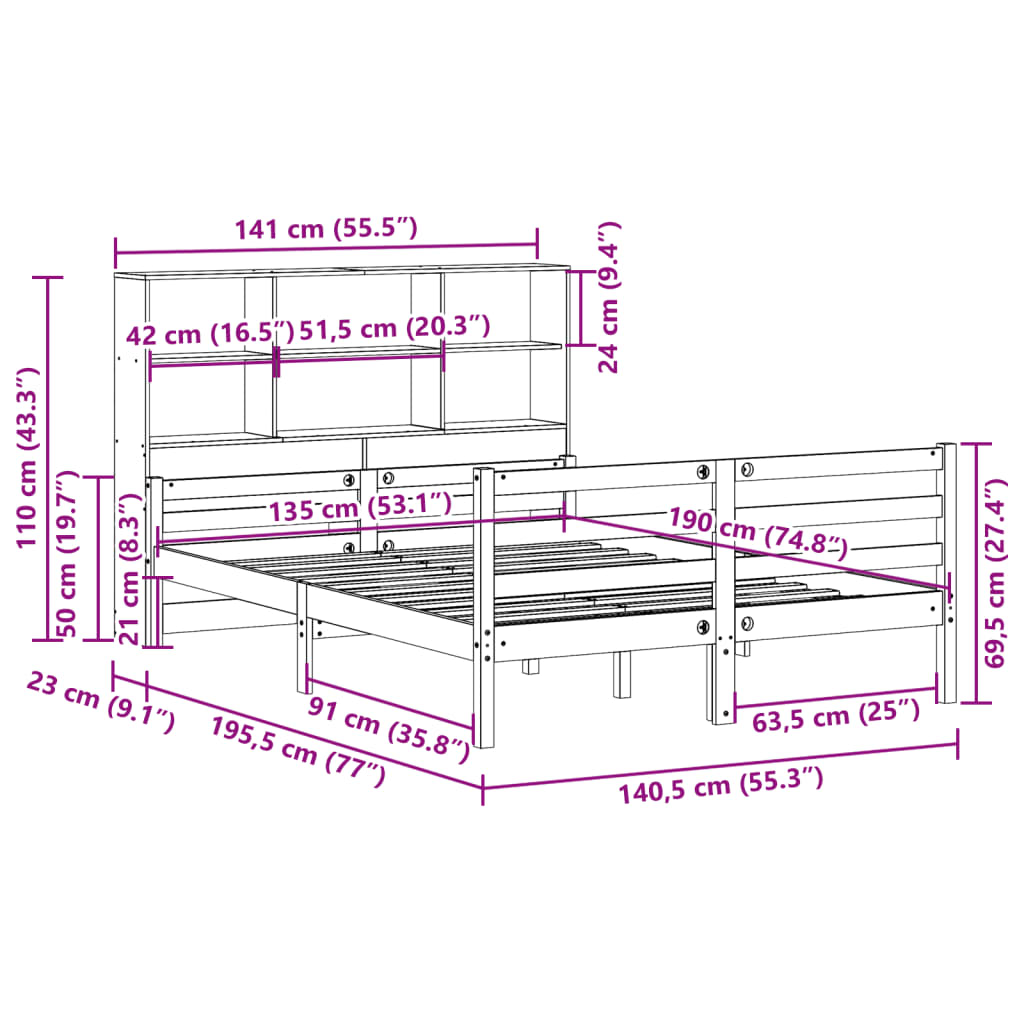 seng med reol uden madras 135x190 cm massivt fyrretræ