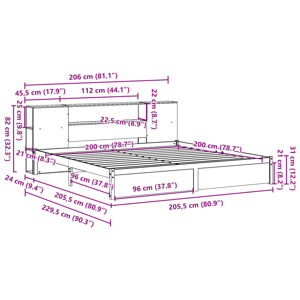 seng med reol uden madras 200x200 cm massivt fyrretræ