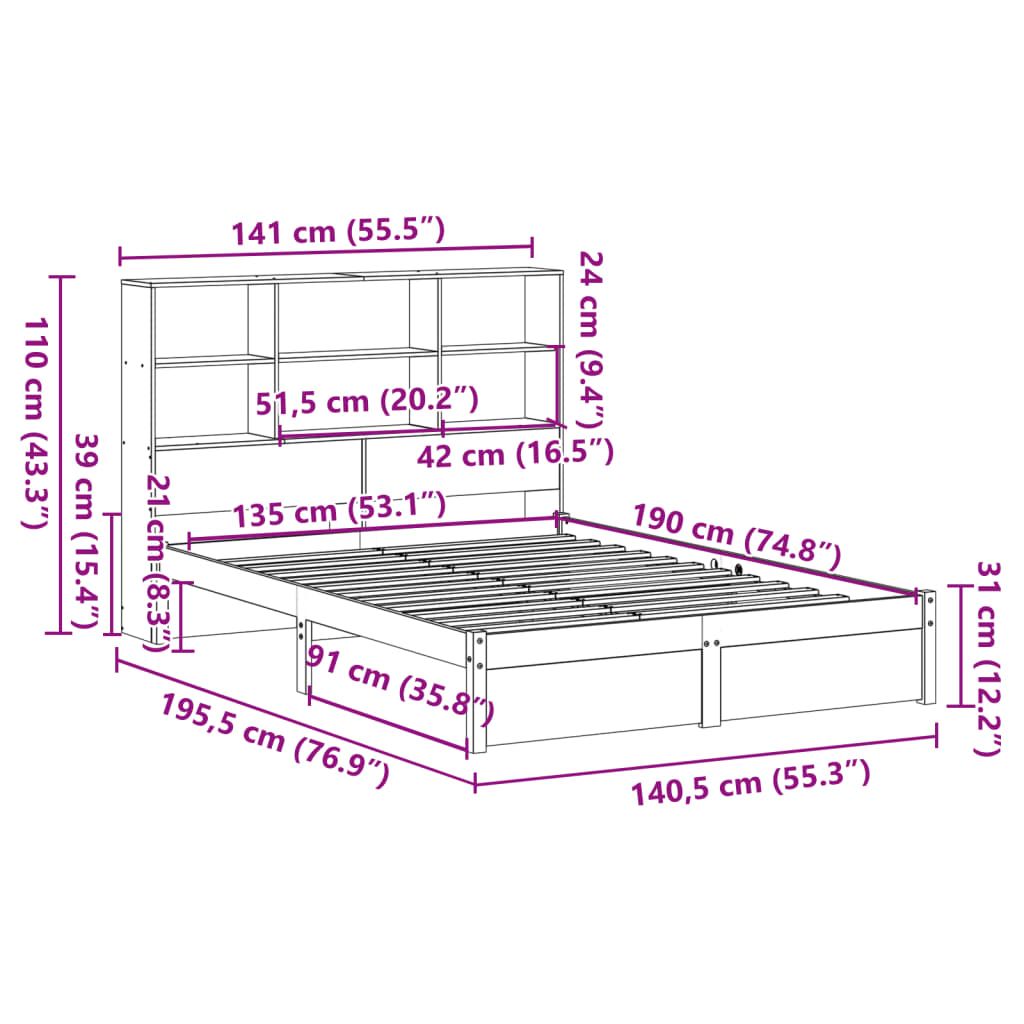 seng med reol uden madras 135x190 cm massivt fyrretræ