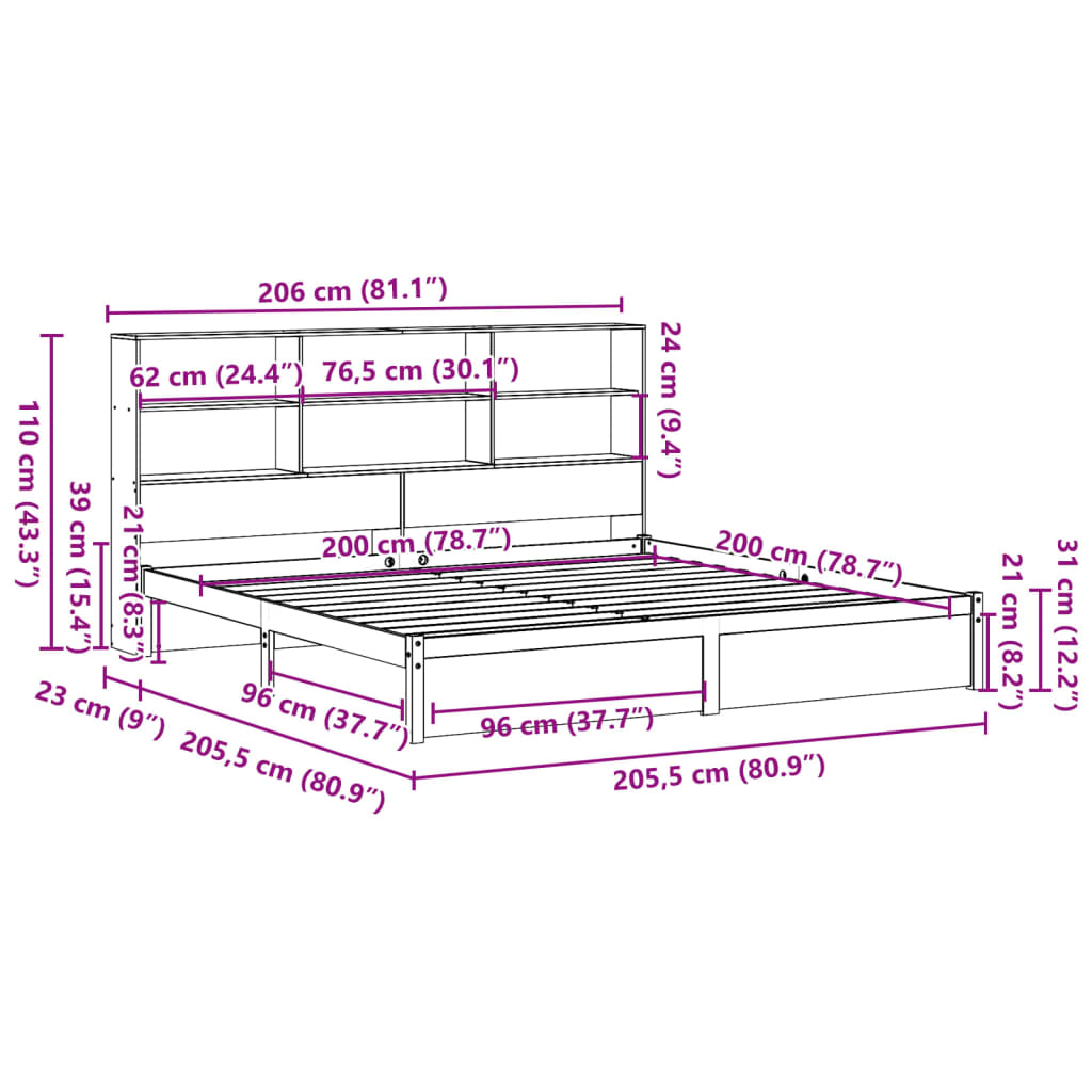 seng med reol uden madras 200x200 cm massivt fyrretræ