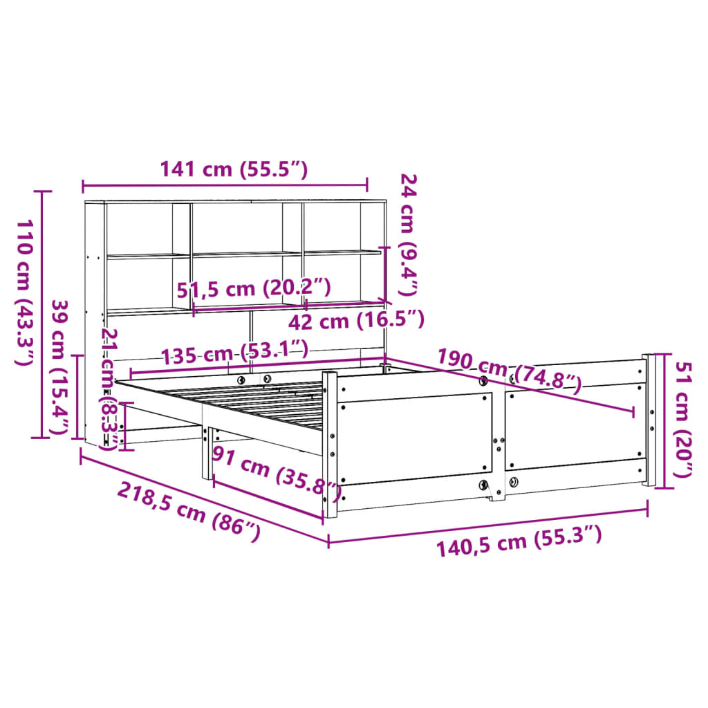 seng med reol uden madras 135x190 cm massivt fyrretræ