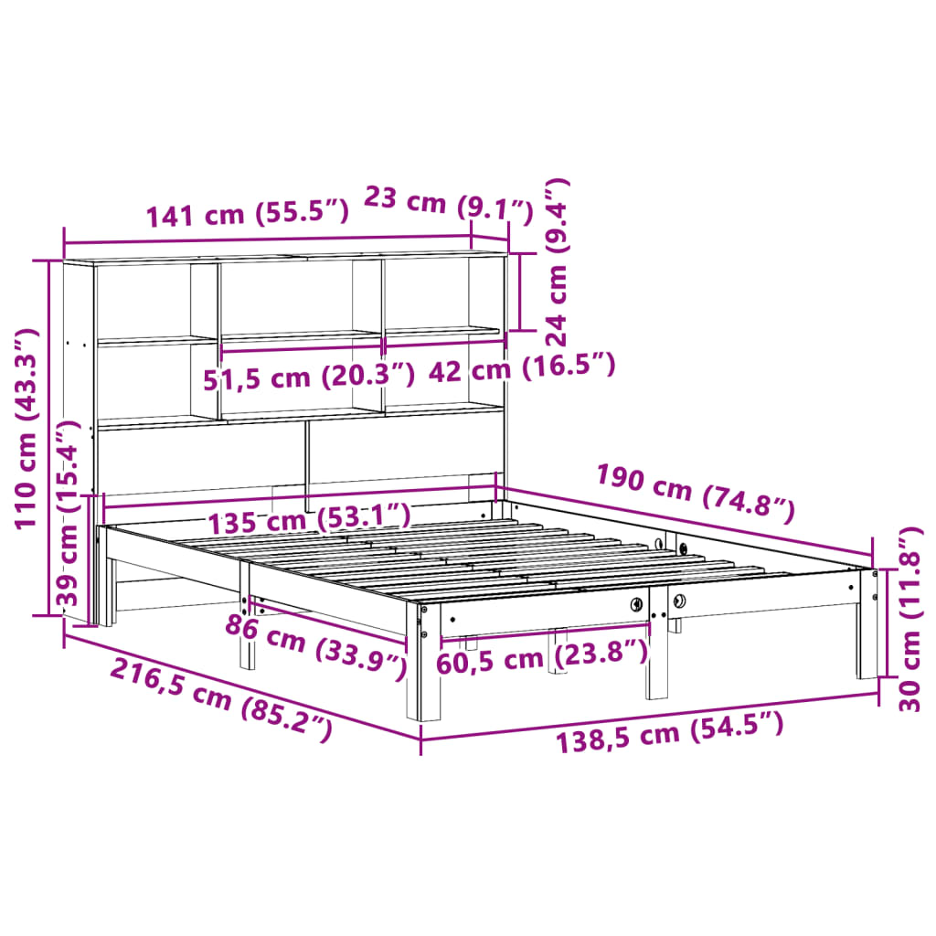 seng med reol uden madras 135x190 cm massivt fyrretræ