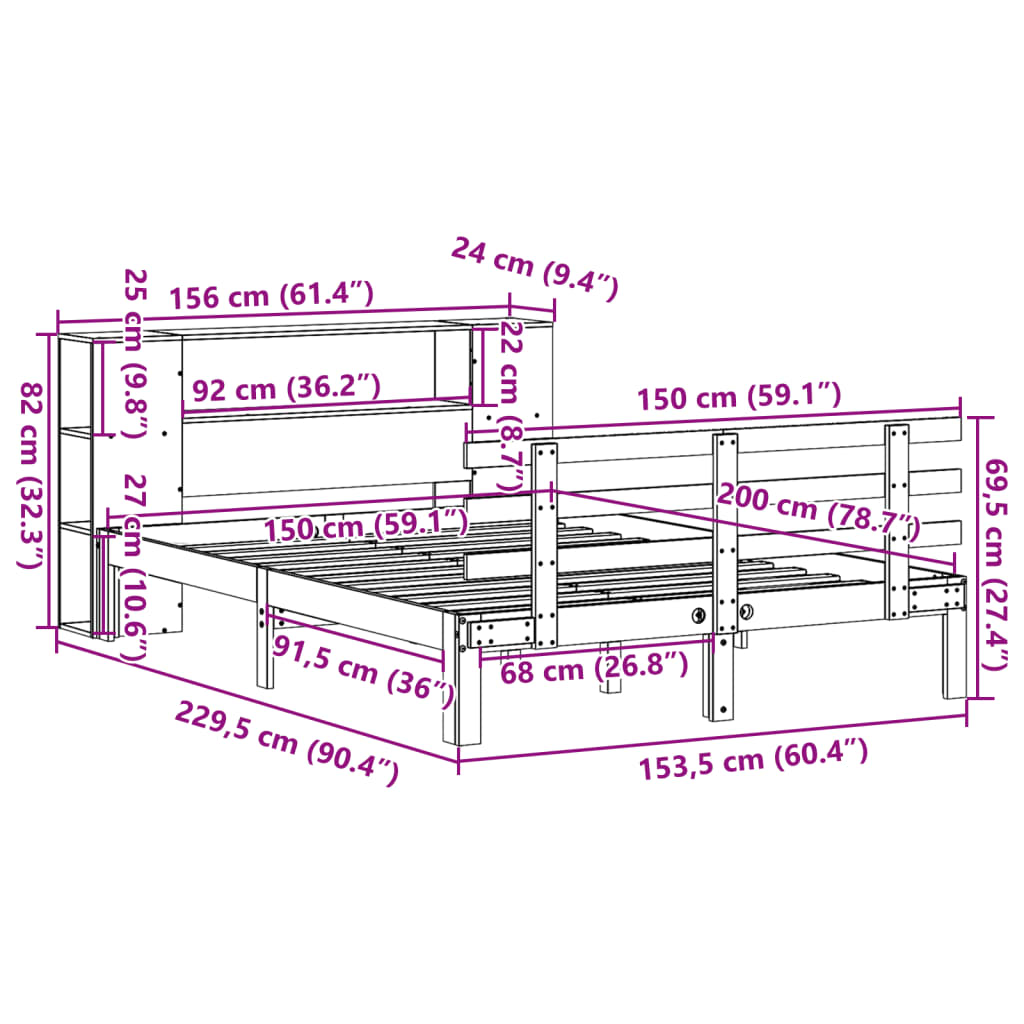 seng med reol uden madras 150x200 cm massivt fyrretræ hvid