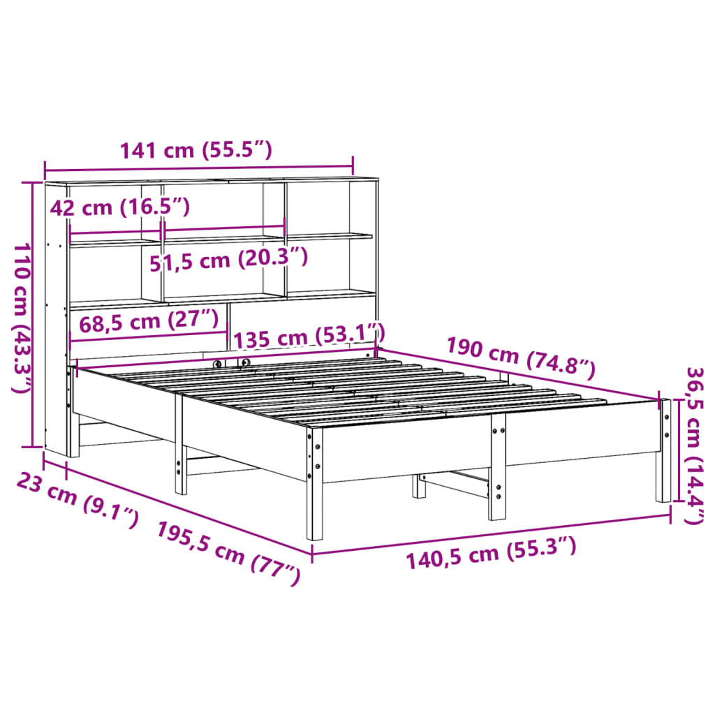 seng med reol uden madras 135x190 cm massivt fyrretræ