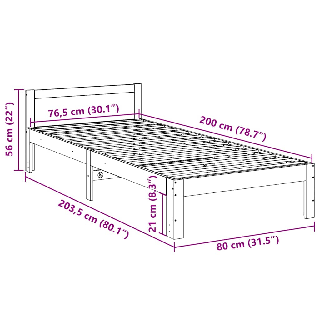 sengeramme uden madras 80x200 cm massivt fyrretræ hvid